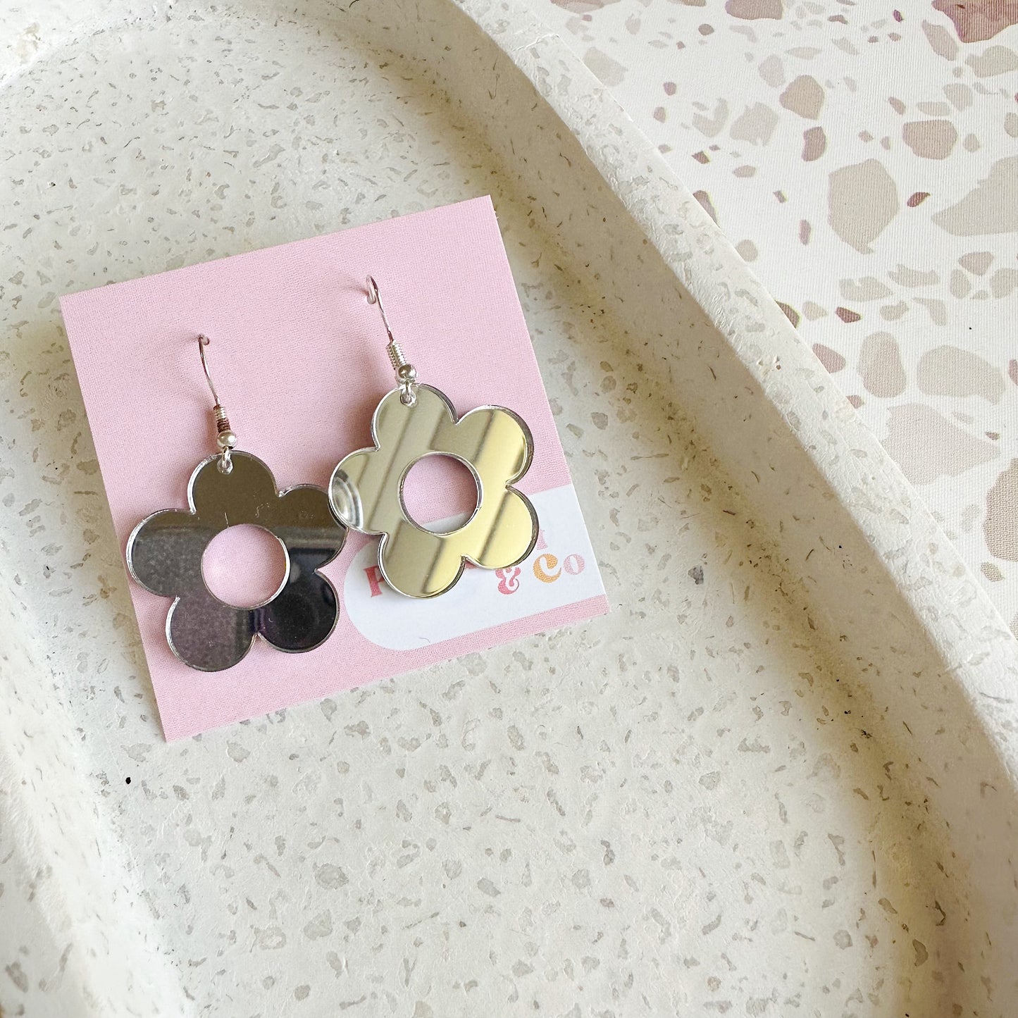 Silver Mirror Flower Earrings